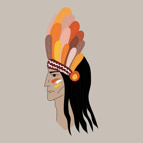 Retrato Silueta Perfil Nativo Americano Jefe Indio Rojo Con Tocado — Vector de stock