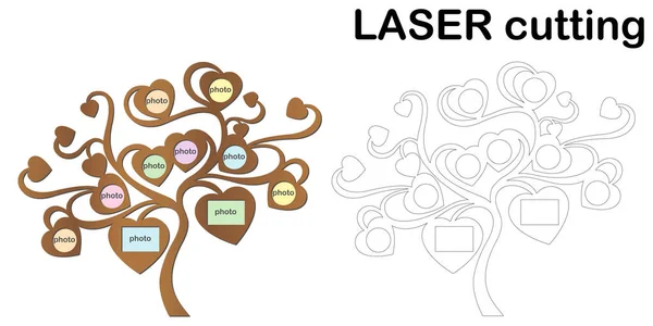 Lazer kesim için fotoğraf çerçeveleri ile aile ağacı. Fotoğraf çerçeveleri kolaj. Ahşap ve metal için şablon Lazer Kesim Makinası.