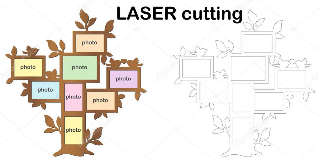 Family tree with photo frames for laser cutting. Collage of photo frames. Template laser cutting machine for wood and metal.