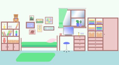 A doom room for single young girl or teenager. A room with interior and with furniture. Flat style illustration. clipart