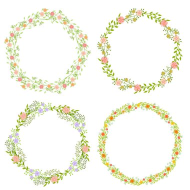 Kır çiçekleri yaprakları ile çelenk kümesi. Çerçeve metni için bir yer ile yuvarlak bir çiçek. Tebrik kartları, düğün davetiyeleri, tanıtım broşürleri için uygundur..