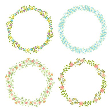 Kır çiçekleri yaprakları ile çelenk kümesi. Çerçeve metni için bir yer ile yuvarlak bir çiçek. Tebrik kartları, düğün davetiyeleri, tanıtım broşürleri için uygundur..