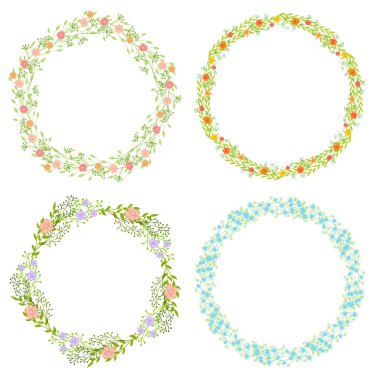 Kır çiçekleri yaprakları ile çelenk kümesi. Çerçeve metni için bir yer ile yuvarlak bir çiçek. Tebrik kartları, düğün davetiyeleri, tanıtım broşürleri için uygundur..