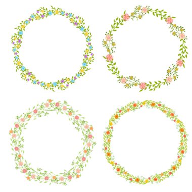 Kır çiçekleri yaprakları ile çelenk kümesi. Çerçeve metni için bir yer ile yuvarlak bir çiçek. Tebrik kartları, düğün davetiyeleri, tanıtım broşürleri için uygundur..