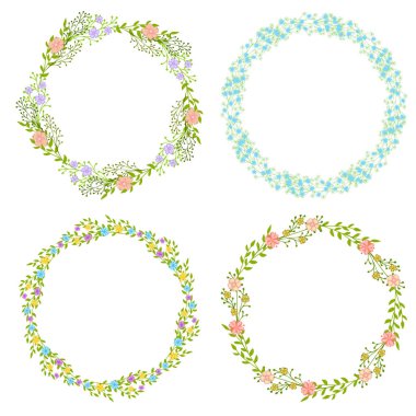 Kır çiçekleri yaprakları ile çelenk kümesi. Çerçeve metni için bir yer ile yuvarlak bir çiçek. Tebrik kartları, düğün davetiyeleri, tanıtım broşürleri için uygundur..