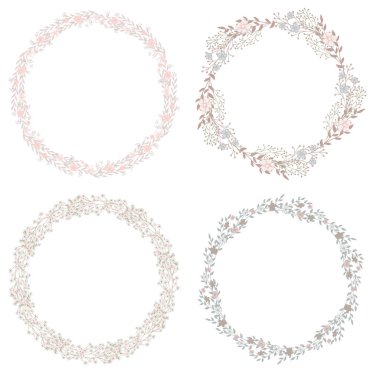 Kır çiçekleri yaprakları ile çelenk kümesi. Çerçeve metni için bir yer ile yuvarlak bir çiçek. Tebrik kartları, düğün davetiyeleri, tanıtım broşürleri için uygundur..