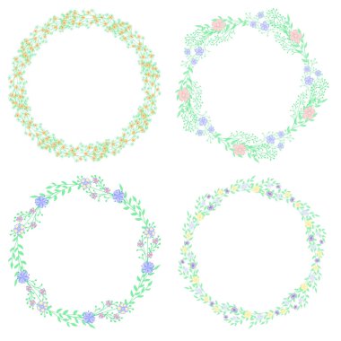 Kır çiçekleri yaprakları ile çelenk kümesi. Çerçeve metni için bir yer ile yuvarlak bir çiçek. Tebrik kartları, düğün davetiyeleri, tanıtım broşürleri için uygundur..