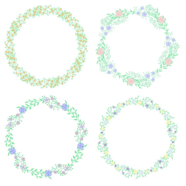 Kır çiçekleri yaprakları ile çelenk kümesi. Çerçeve metni için bir yer ile yuvarlak bir çiçek. Tebrik kartları, düğün davetiyeleri, tanıtım broşürleri için uygundur..