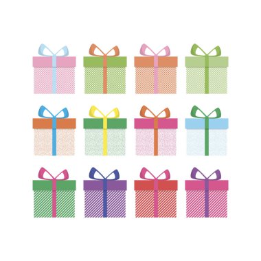 Beyaz bir arka plan üzerinde farklı durumlar için renkli hediye kutuları kümesi