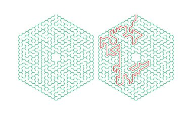 Bir çözüm ile altıgen labirent. Renk altıgen labirent. Yararlı bulmaca çocuklar ve yetişkinler için oyun