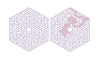 Bir çözüm ile altıgen labirent. Renk altıgen labirent. Yararlı bulmaca çocuklar ve yetişkinler için oyun