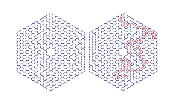 Labyrinthe Hexagonal Avec Une Solution Labyrinthe Hexagonal Couleur Jeu Puzzle — Image vectorielle