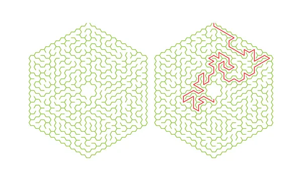Labirinto hexagonal com solução. Cor labirinto hexagonal. Um jogo de quebra-cabeça útil para crianças e adultos —  Vetores de Stock