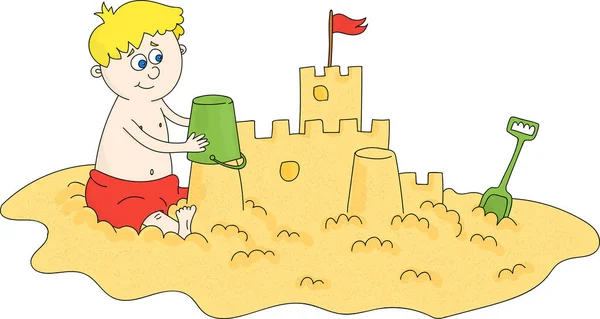 Маленький Мальчик Сидит Пляже Строит Песчаный Замок Карикатурный Стиль — стоковый вектор