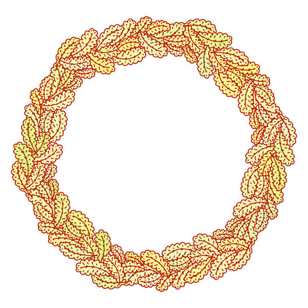 Wreath of autumn leaves. Autumnal round frame. Background with autumn leaves in doodle style. Fall of the leaves.