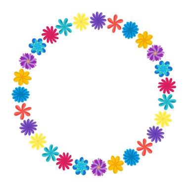 Kır çiçekleri yaprakları ile çelenk. Çerçeve metni için bir yer ile yuvarlak bir çiçek. Tebrik kartları, düğün davetiyeleri, tanıtım broşürleri için uygundur.