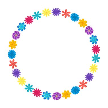 Kır çiçekleri yaprakları ile çelenk. Çerçeve metni için bir yer ile yuvarlak bir çiçek. Tebrik kartları, düğün davetiyeleri, tanıtım broşürleri için uygundur.