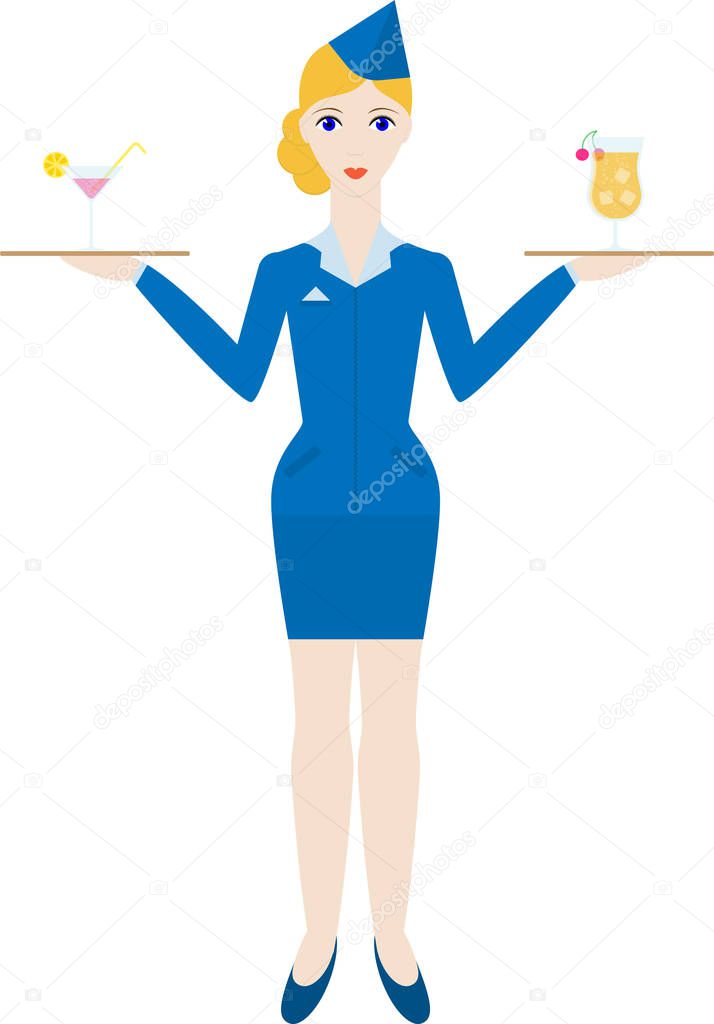 Cute cartoon stewardess girl holding trays with cocktails in her hands. Air hostess with drinks