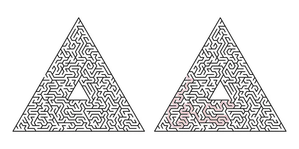 Labirinto triangular. Labirinto isolado sobre um fundo branco. A solução é feita em linha pontilhada vermelha —  Vetores de Stock