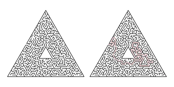 Labyrinthe triangulaire. Labyrinthe isolé sur fond blanc. La solution est faite en pointillé rouge — Image vectorielle