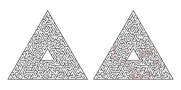 Labirinto triangular. Labirinto isolado sobre um fundo branco. A solução é feita em linha pontilhada vermelha —  Vetores de Stock