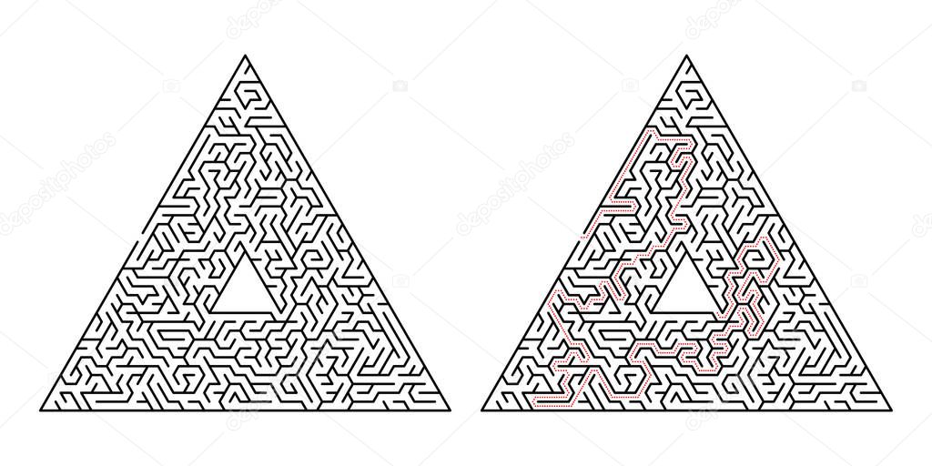 Triangular labyrinth. Maze isolated on a white background. Solution is made in red dotted line.