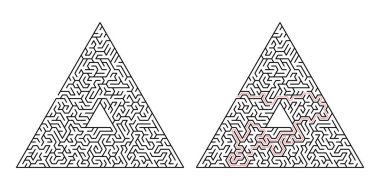 Üçgen labirent. Beyaz bir arka plan üzerinde izole labirent. Çözüm kırmızı noktalı çizgi içinde yapılır