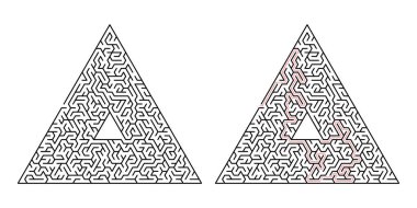 Üçgen labirent. Beyaz bir arka plan üzerinde izole labirent. Çözüm kırmızı noktalı çizgi içinde yapılır