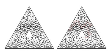 Üçgen labirent. Beyaz bir arka plan üzerinde izole labirent. Çözüm kırmızı noktalı çizgi içinde yapılır