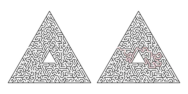 Labirinto triangular. Labirinto isolado sobre um fundo branco. A solução é feita em linha pontilhada vermelha —  Vetores de Stock