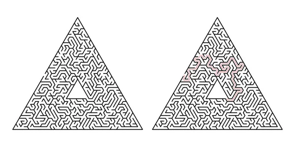 Labirinto triangular. Labirinto isolado sobre um fundo branco. A solução é feita em linha pontilhada vermelha —  Vetores de Stock