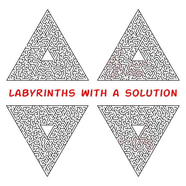 Sada trojúhelníkových labyrinty. Bludiště, izolované na bílém pozadí. Řešení je vyroben v červená tečkovaná čára — Stockový vektor