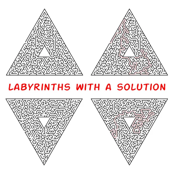 Set de labirinturi triunghiulare. Labirint izolat pe un fundal alb. Soluția se face în linie punctată roșie — Vector de stoc