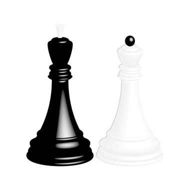 Gerçekçi siyah Satranç Kral ve beyaz satranç kraliçesi. Beyaz arka plan üzerinde izole.