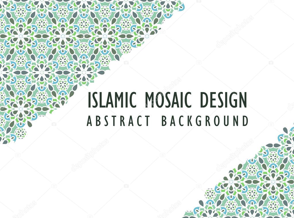 Abstract background in Arabian style. Islamic mosaic design. Arabic girih design background for Ramadan Kareem. Islamic ornamental colorful detail of mosaic. Greeting card for Ramadan.