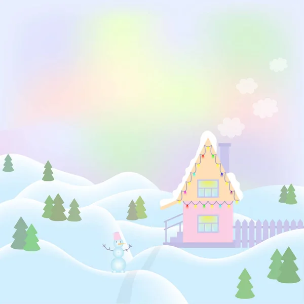 Paisaje invernal con casa y muñeco de nieve. Hermosa Navidad invierno paisaje plano fondo. Nieve paisaje fondo —  Fotos de Stock