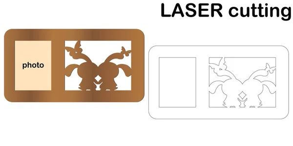 Laserem a rámečky s siluetu dvou králíků. Vektor Foto maketa. Dřevěná Cedulka. Dekorativní vector šablony rám. Vektor šablona. — Stockový vektor