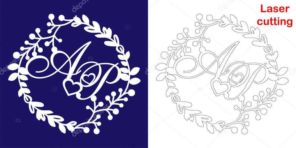 Wedding monogram for laser cutting. A P initials of the wedding decorative logo in a floral frame. The perfect gift for your wedding day