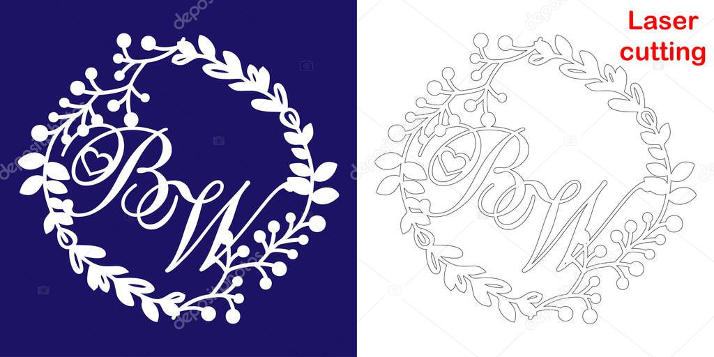 Wedding monogram for laser cutting. B W initials of the wedding decorative logo in a floral frame. The perfect gift for your wedding day.