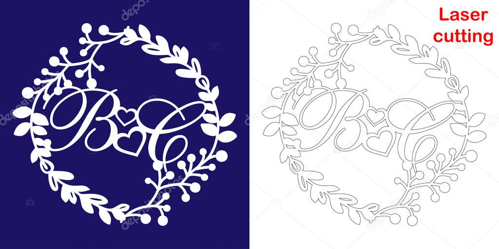 Wedding monogram for laser cutting. B C initials of the wedding decorative logo in a floral frame. The perfect gift for your wedding day.