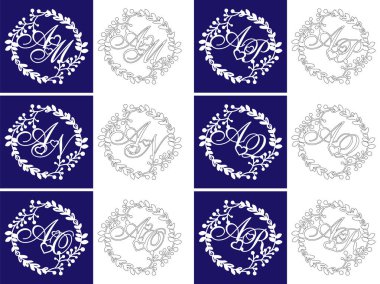 Düğün Monogram lazer kesim için set. Baş harfler alanına düğün monogram çerçeve çiçek ile dekoratif logo. Düğün günü ya da Sevgililer günü için mükemmel bir hediye. Lazer kesim.