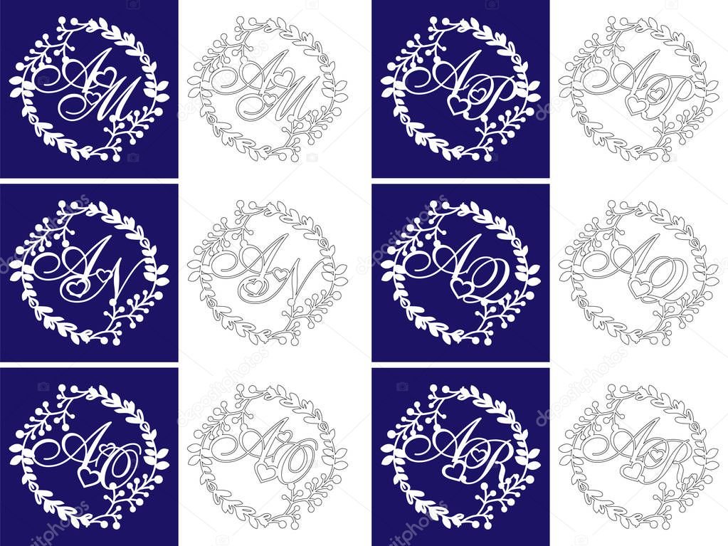 Set of wedding monograms for laser cutting. Decorative logo from initials in the wedding monogram with a floral frame. The perfect gift for wedding day or Valentine's day. Laser cut.