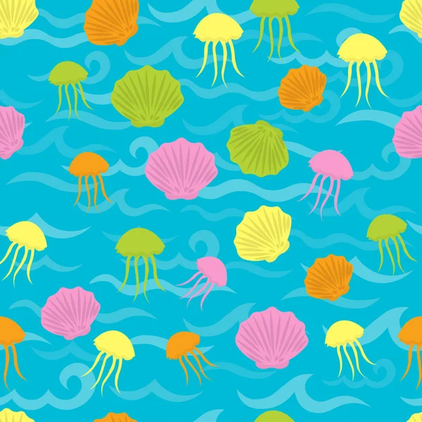 Kesintisiz deniz desen tasarım ilham deniz. Deniz kabukları, starfishes ve jellyfishes arka plan. Mavi okyanus su dalgası. Vektör seamless modeli deniz yaşamı ile. — Stok Vektör