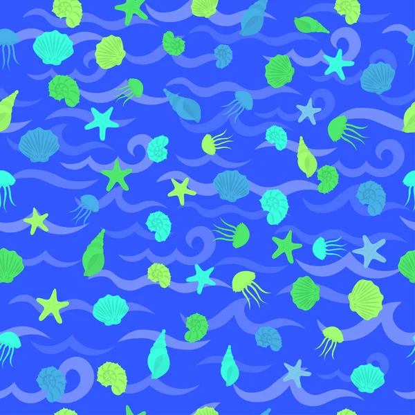 Seamless sea pattern in nautical-inspired design. Sea background with seashells, starfishes and jellyfishes. Blue ocean water wave. Vector seamless pattern with marine life. — Stock Vector