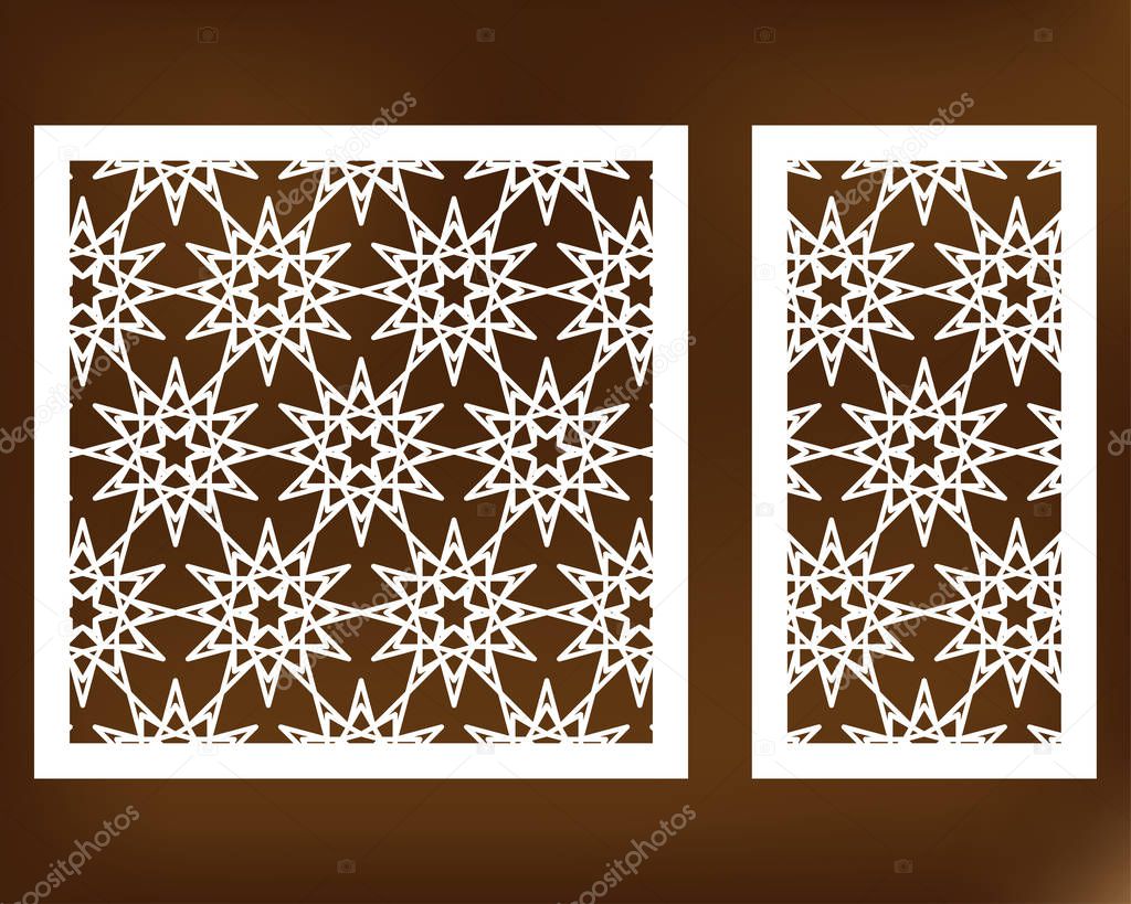 Set decorative card for cutting. Geometric line pattern. Laser cut. Ratio 1:1, 1:2. Vector illustration