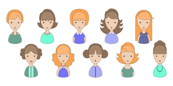 Kvinna avatar som vektor illustration. Vackra unga flickor porträtt med olika frisyr isolerad på vit bakgrund — Stock vektor