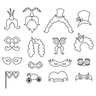 Purim beyaz arka planda vintage tarzında. Purim ile karikatür tebrik seti. Tebrik renkli kart . Vektör illüstrasyon. Vektör şenlikli illüstrasyon. Kutlama dekorasyon tasarımı için Purim maskeleri.