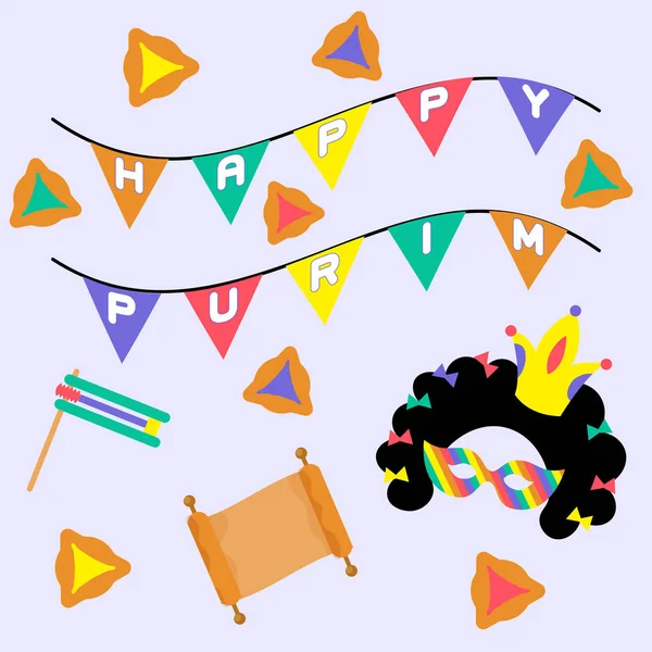 Design modello banner Purim. Carta d'illustrazione vettoriale di vacanza ebrea. Buon Purim in ebraico. Biglietto di auguri vettoriale tradizionale. Progettazione grafica. Concetto di banner di saluto. elemento di sfondo decorazione . — Vettoriale Stock