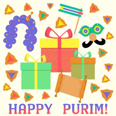 Geleneksel purim sembolleri, noisemaker, maskeli, gragger, hamantaschen çerezleri, taç, festival dekorasyon, karnaval vektör ile Happy Purim Yahudi Tatil tebrik kartı. Tebrik vektör kartı.