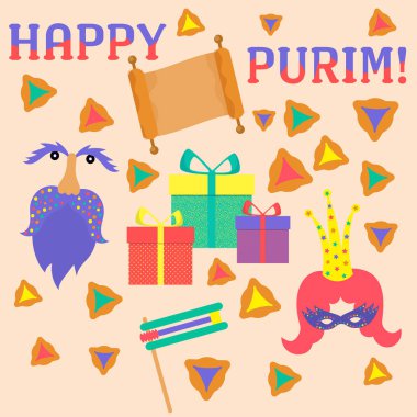 Geleneksel purim sembolleri, noisemaker, maskeli, gragger, hamantaschen çerezleri, taç, festival dekorasyon, karnaval vektör ile Happy Purim Yahudi Tatil tebrik kartı. Tebrik vektör kartı.